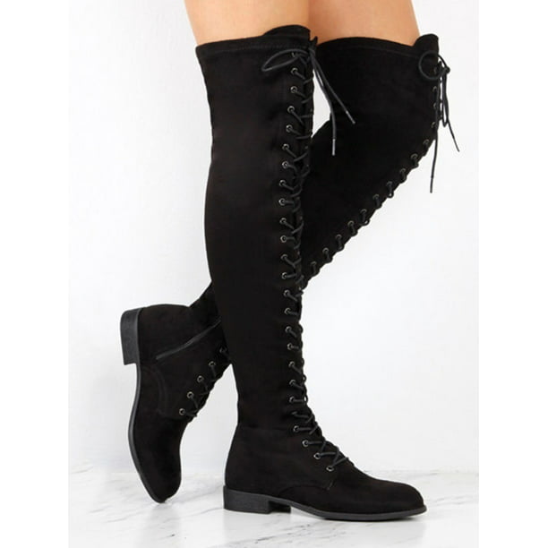 Women Ladies Block High Heel Knee High Boots Big Size Riding Side Zip Black Shoe